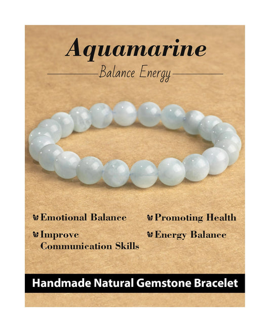 Landorilo Beaded Bracelet for Men Women, 8mm Natural Stone Aquamarine Healing Crystal Stretch Bracelets, Ideal Christmas Birthday Jewelry Gifts with Energy Card，Replacement Beads Included