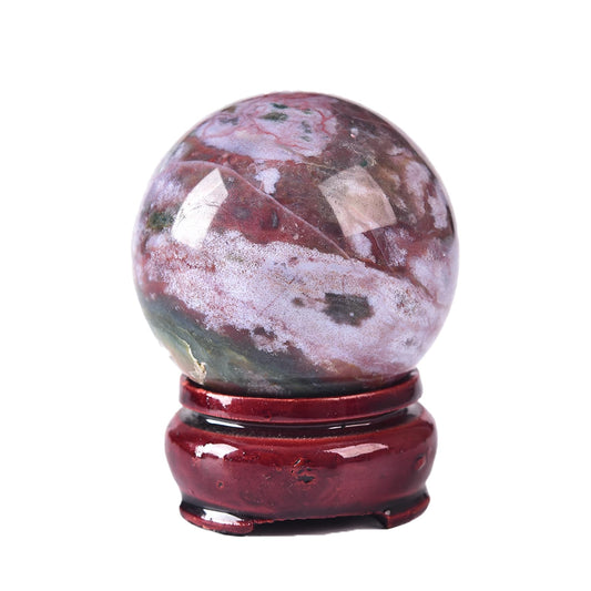 JIC Gem Natural Ocean Jasper Crystal Sphere Decorative Ball with Wooden Stand Meditation Balls for Witchcraft Reiki Healing Gift 50-60mm