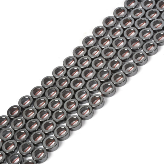 Natural 10mm Hematite Hollow Circle Flat Round Ring Shape Donut Beads Strand 16 Inch for Jewelry Making