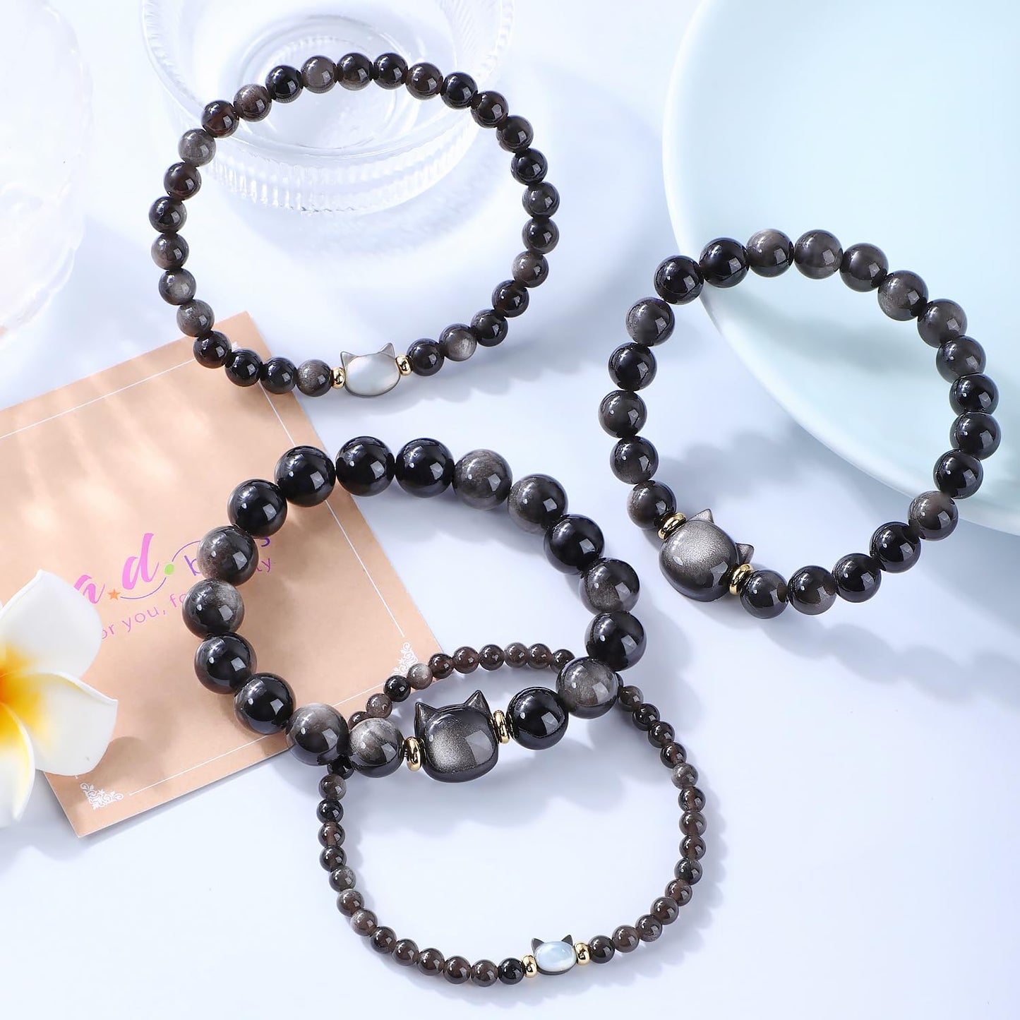 AD Beads 10mm Handmade Obsidian Cat Bracelet Elastic Bracelet – Natural Gemstone for Money Attraction – Meditation, Yoga, Healing and Energy Gift for Men Women