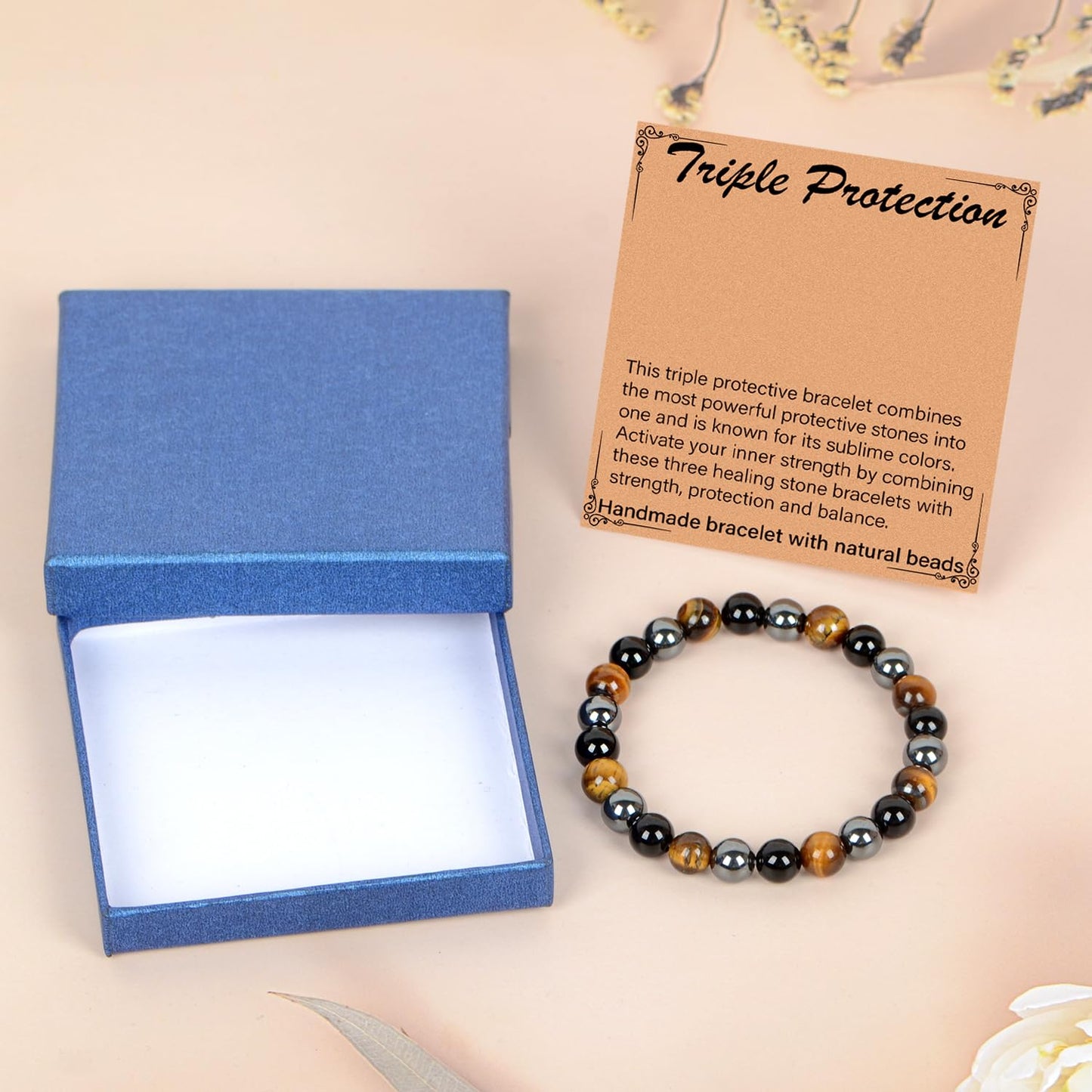 LPBeads Handmade Natural Gemstone Stretch Elastic 8mm Onyx Tiger Hematite Mixed Stone Bracelet Healing Crystal Round Stone Beads Jewelry Gifts for Women Men