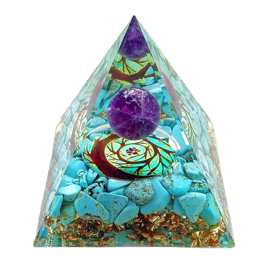 ycyingcheng Moonstone Crystal Orgone Pyramid Ogan Crystal Energy Tower, Nature Reiki Chakra Crushed Stone Jewelry, Crystal Pyramid for Home Decor (Turquoise+Amethyst Ball)