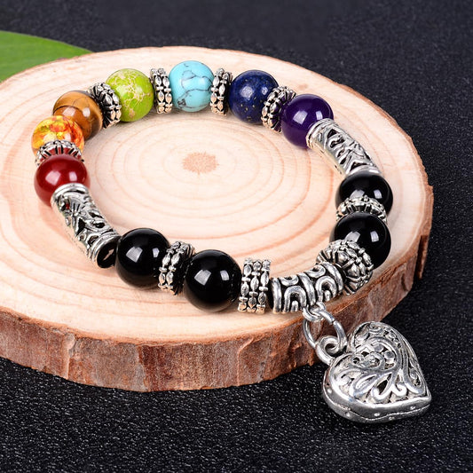 eMeition 7 chakra bracelet natural beads yoga meditation religion healing balance stones beaded healing balance bracelets for women heart pendant (heart)