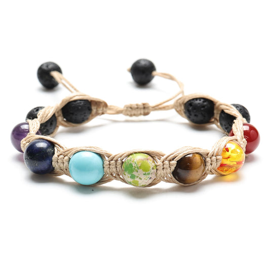 HanOrson 7 Chakra Healing Crystals Bracelet Natural Gemstone Yoga Beads Bracelet for Womens Mens (Apricot color)