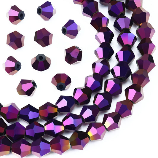 Dowarm 100PCS 8MM Crystal Bicone Beads for Crafts, Jewelry Making, DIY Bracelet, Necklace, Dolls, Wine Charms, Wind Chimes, Suncatchers, Bulk Faceted Loose Glass Beads, Plated Purple