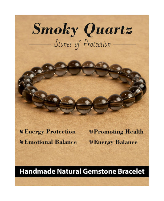 Landorilo Beaded Bracelet for Men Women, 8mm Natural Stone Smoky Quartz Healing Crystal Stretch Bracelets, Ideal Christmas Birthday Jewelry Gifts with Energy Card，Replacement Beads Included