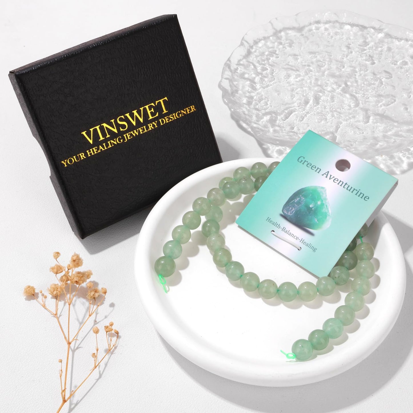 Vinswet 45pcs 8mm Green Aventurine Natural Stone Beads Round Genuine Real Stone Beading Loose Gemstones DIY Smooth Bead for Bracelet Necklace Earrings Jewelry Making