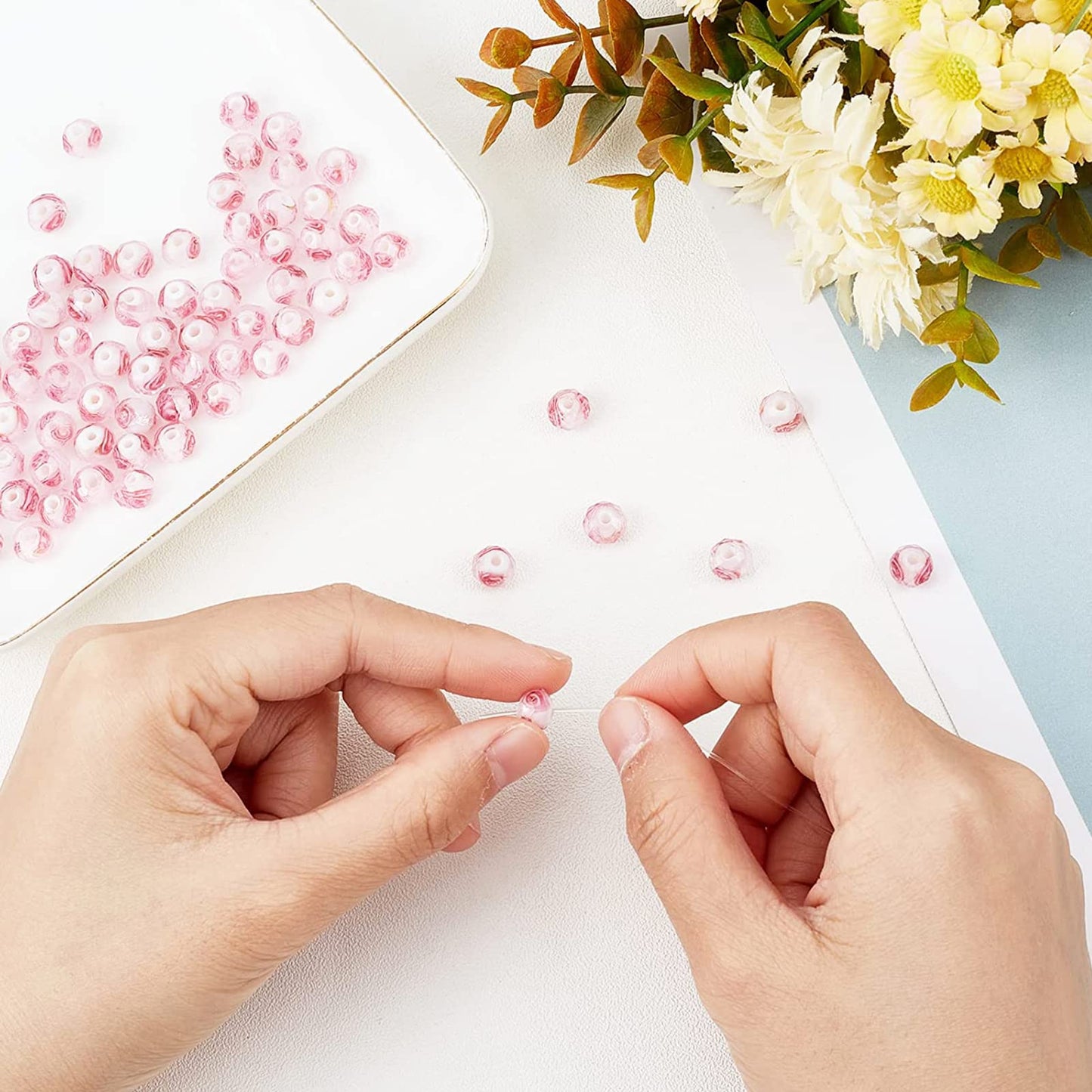 PH PandaHall 70pcs 6~8mm Rose Lampwork Beads Silver Foil Glass Beads Flower Glass Beads Floral Handmade Lampwork Beads Round Loose Beads for Rosary Making Jewelry Craft Making 2mm Hole - Sliver Pink