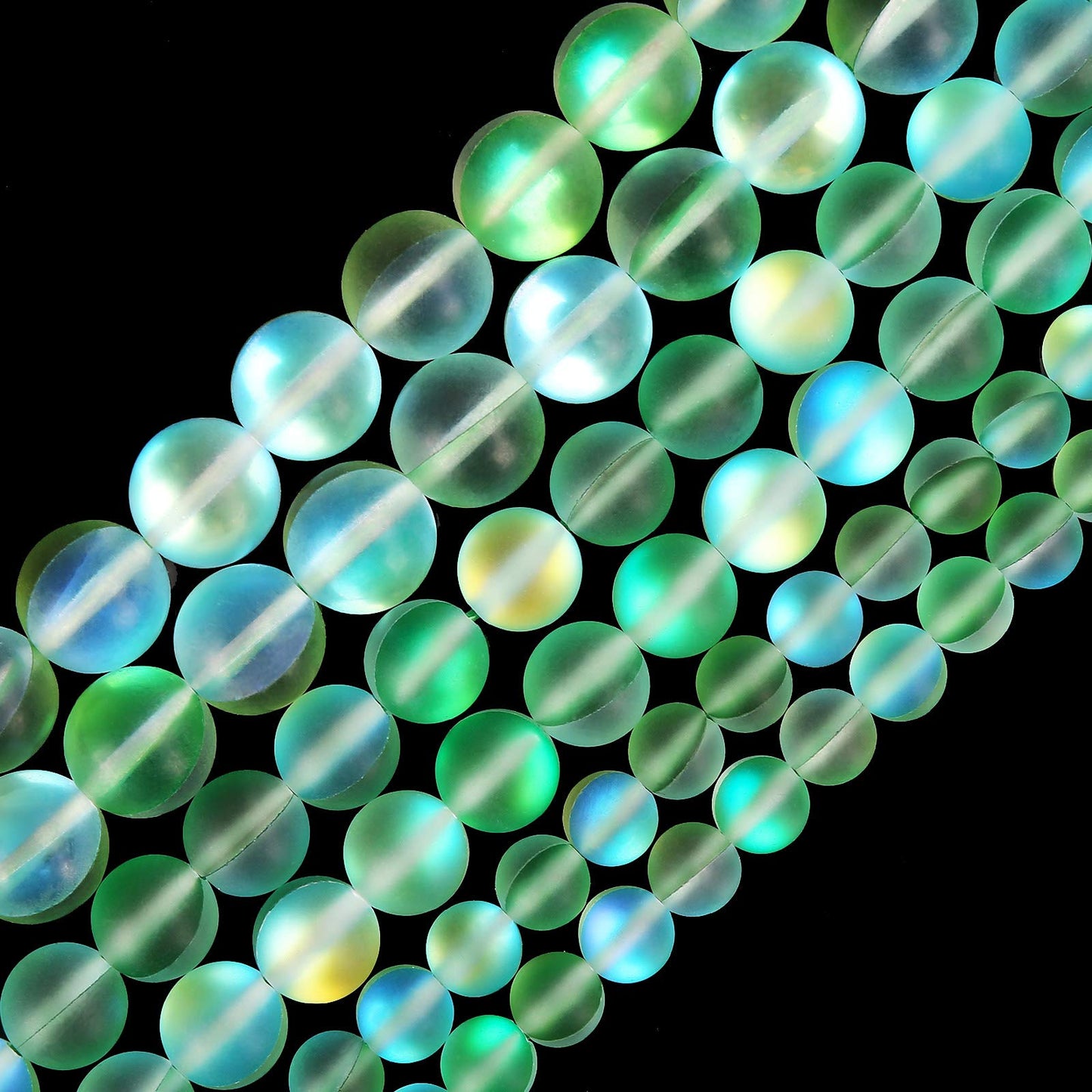 Matte Green Aurora Crystal Glass Beads, 10MM Frosted Glitter Shining Mermaid Round Loose Beads, Rainbow Holographic Synthetic Moonstone for Jewelry Making DIY Bracelet