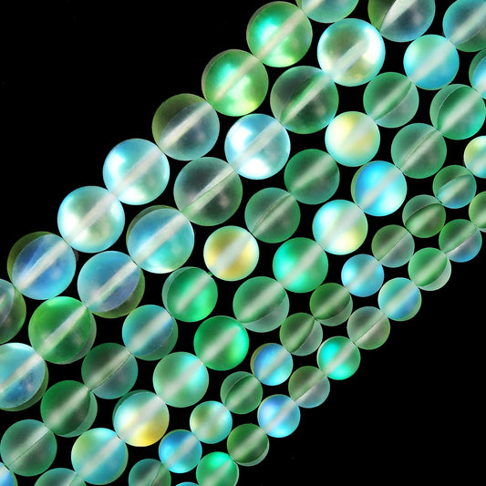 Matte Green Aurora Crystal Glass Beads, 10MM Frosted Glitter Shining Mermaid Round Loose Beads, Rainbow Holographic Synthetic Moonstone for Jewelry Making DIY Bracelet