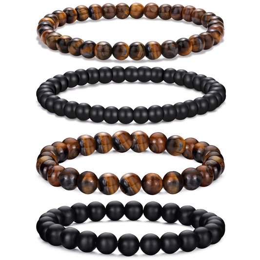 LOWNOUR Mens Bead Bracelet Adjustable Elastic Rope With 6&8MM Natural Stone Tiger Eye Bracelets for Men Gift 4pcs (Beaded Bracelets)