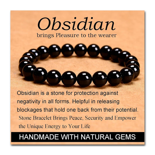 CHELYQST Black Obsidian Bracelet - Stone of Pleasure,Stretch Natural Stone Crystal Beads Jewelry Gifts for Women Men Unisex Adult,8mm