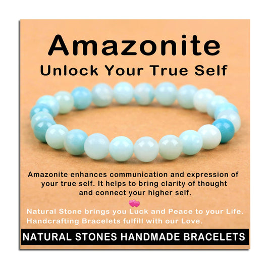 AD Beads Handmade Gemstone Stretch Elastic Bracelet Crystal Healing Reiki Nature's Beauty and Spiritual Essence Unisex (8mm, Amazonite (Unlock Your True Self))