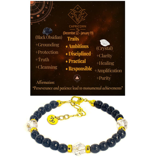 Ayriwoyi Capricorn Zodiac Bracelet Black Obsidian Clear Quartz Crystal Healing Bracelet Birthstone Beaded Bracelet Horoscope Spiritual Jewelry Gift for Men Women