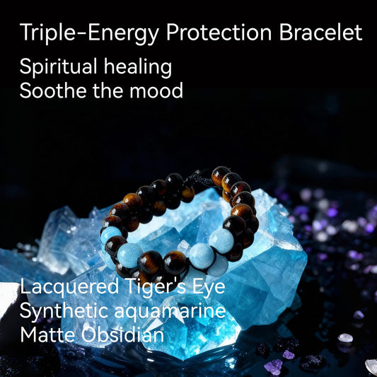 GLITZ AURA Handmade Triple Protection Bracelet - Easter Basket Stuffers for Teens, 8mm Natural Tiger's Eye & Aquamarine Bead Bracelet, Father Day Jewelry for Men, Adjustable Healing Crystal Gifts (Aquamarine)