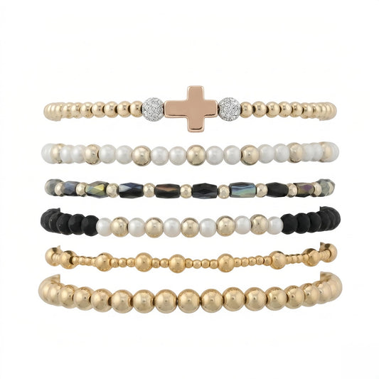 NoctisNest 6 Pcs Layered Cross Bracelet for Women, Black Gold Stackable Pearl Beaded Bracelets for Her Mom Girlfriend, Dainty 14K Gold Plated Bracelet Set for Mothers Day Gifts