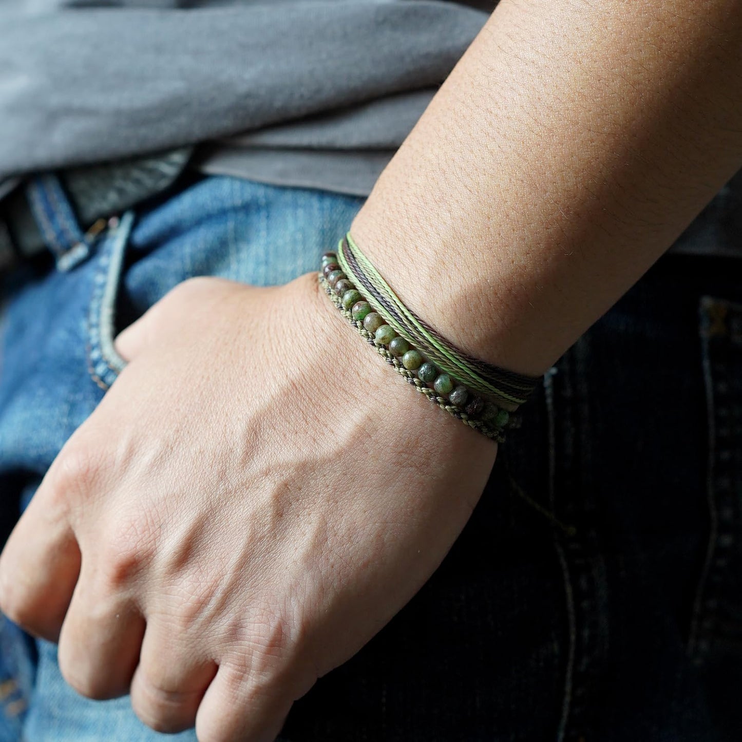Handmade Natural Stone Beaded Healing Bracelet Gift for Men Adjustable Rope String Bracelet (Green/Coffee Jasper, Adjustable)