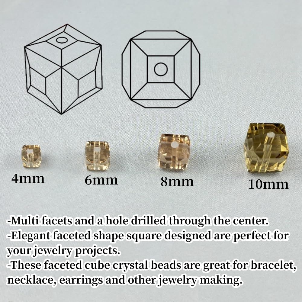 YUEXIGO 40pcs 10mm Cube Crystal Glass Beads for Jewelry Making Faceted Square Crystal Glass Bead Spacer Beads Loose Beads for Bracelet Earring Necklace DIY Craft(Champagne)