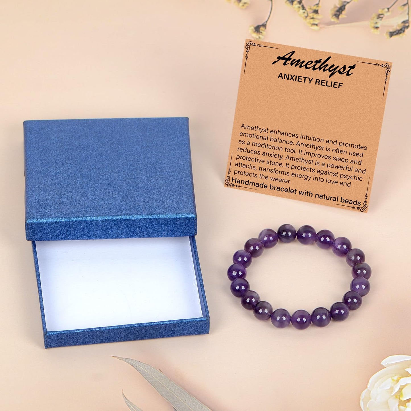 LPBeads Handmade Natural Gemstone Stretch Elastic 10mm Amethyst Bracelet Healing Crystal Round Stone Beads Jewelry Gifts for Women Men