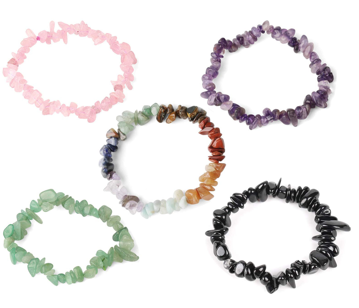 USRommaner 5 Pcs Natural Gemstone Chakra Crystal Healing Chip Stretch Bracelets,Gemstone Polished Irregular Crystals Stone Reiki Yoga Chipped Gravel Bead Jewelry Accessories