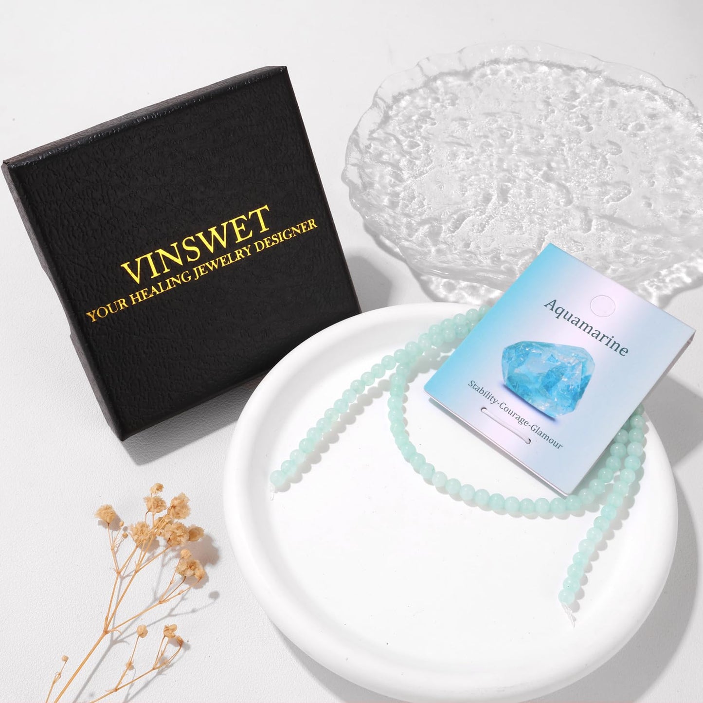 Vinswet 90pcs 4mm Aquamarine Natural Stone Beads Round Genuine Real Stone Beading Loose Gemstones DIY Smooth Bead for Bracelet Necklace Earrings Jewelry Making