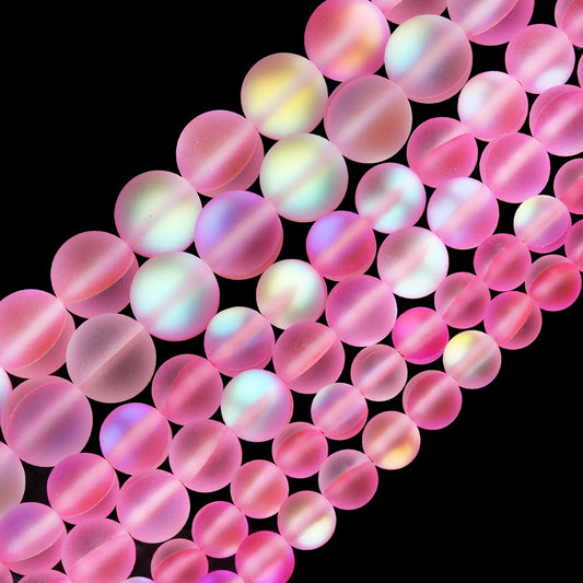 Matte Pink Aurora Crystal Glass Beads, 6MM Frosted Glitter Shining Mermaid Round Loose Beads, Rainbow Holographic Synthetic Moonstone for Jewelry Making DIY Bracelet