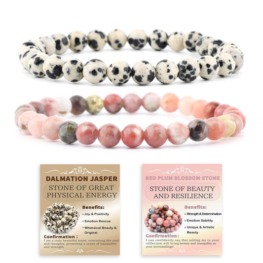 NCB 2-Piece 6mm Natural Crystal Gemstone Stretch Bracelets – ﻿Dalmation Jasper, Red Plum Blossom Stone Handmade Reiki Energy Healing Jewelry for Meditation,Yoga, Unisex