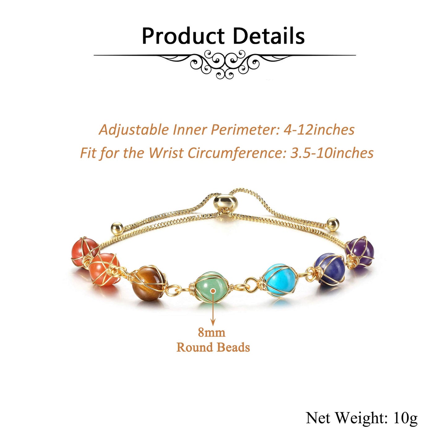 Jovivi 7 Chakra Stones Bracelets for Women Adjustable 14K Gold Wire Wrapped 8mm Natural Round Gemstone Beads Reiki Healing Crystal Stretch Ankle Bracelet Yoga Energy Balancing