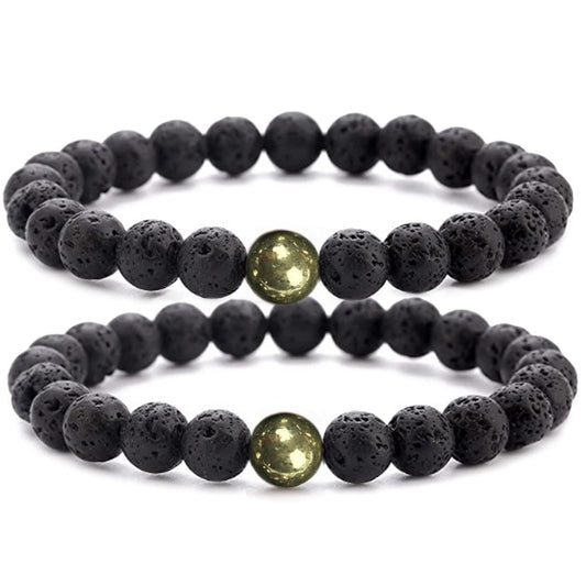 WFJ Black Lava Rock Pyrite Beads Natural Stone Bracelets Set of 2 Healing Crystal Energy Activation Chakra Reiki Elastic Stretcht Diffuser Yoga 8mm