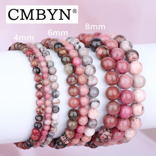 CMBYN 3-Pieces 4mm Natural Crystal Gemstone – ﻿Rhodochrosite, Pink Zebra, Pink Black Rhodonite Handmade Reiki Energy Healing Stretch Bracelets Jewelry for Yoga, Meditation, Unisex