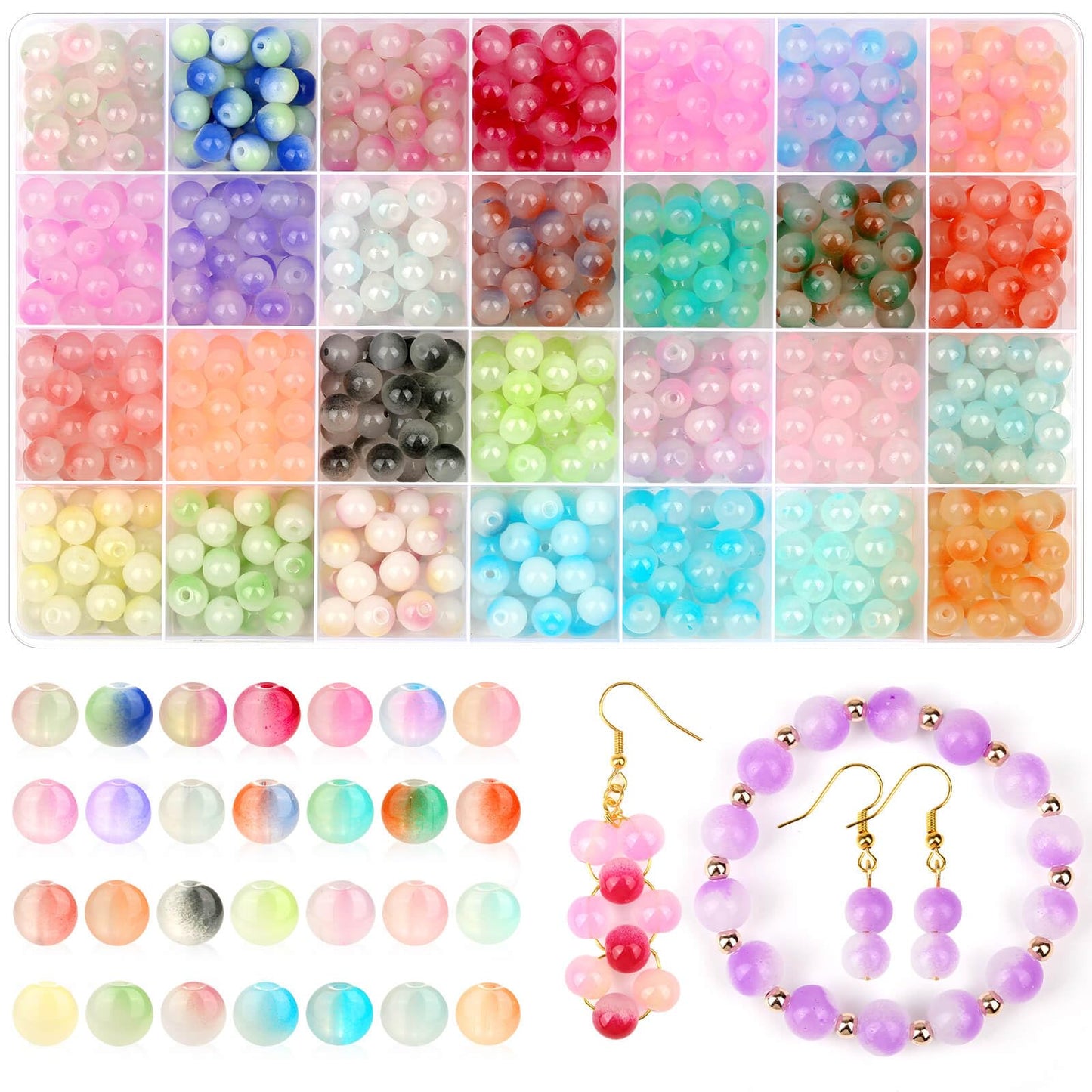 shynek 700 Piecess 8mm Glass Beads for Jewelry Making, 28 Bicolors Glass Crystal Beads Bracelet Making Kit for Bracelet Jewelry Making and DIY Crafts (GGB-8)
