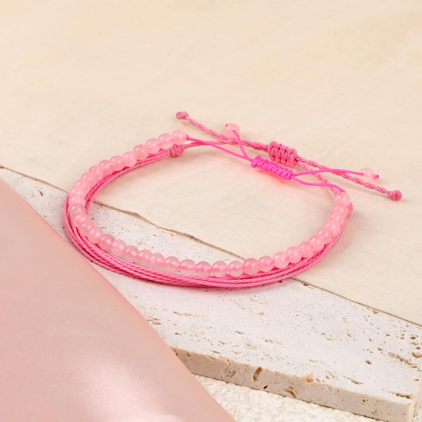 LPBeads 4mm Rose Quartz Bracelet with Handmade Rope Bracelet Size Adjustable Natural Stone Crystal Healing Bracelets Gifts for Unisex Adults
