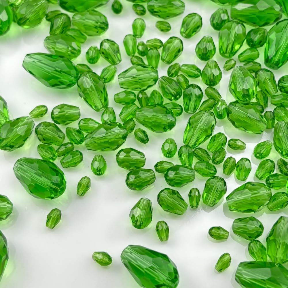 Xinhongo 340pcs Teardrop Crystal Glass Beads 3x5mm 4x6mm 6x8mm 8x12mm 10x15mm Vertical Hole Faceted Glass Spacer Beads for Necklace Bracelet Earrings DIY Jewelry Crafts(Grass Green)