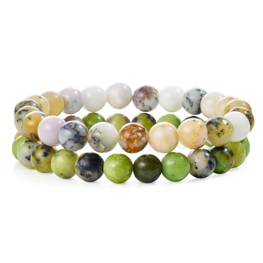 Bivei Natural Gemstone Semi Precious Crystals Handmade Stretchy Round Beads Bracelet, Enhance Positive Energy,Stocking Stuffers for Women(Opal fosters & Serpentine(Growth & Prosperity) Medium)