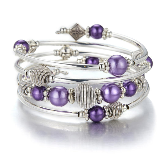 Beaded Chakra Bangle Turquoise Bracelet - Fashion Jewelry Wrap Bracelet with Thick Silver Metal and Mala Beads, Birthday Gifts For Women(Purple pear)