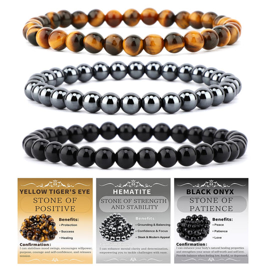 CMBYN 3-Pieces 6mm Natural Crystal Gemstone – ﻿Black Onyx, Hematite, Yellow Tiger's Eye Handmade Reiki Energy Healing Stretch Bracelets Jewelry for Yoga, Meditation, Unisex