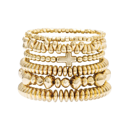 GOOJIDS Surfer Heishi Clay Bead Bracelets for Women Bohemian Stackable Gold Plated Beaded Stretch Bracelets Elastic Layering Friendship Bracelets Set Boho Jewelry