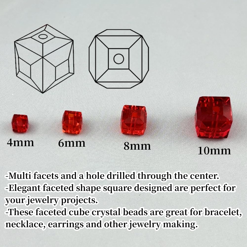 YUEXIGO 100pcs 8mm Cube Crystal Glass Beads for Jewelry Making Faceted Square Crystal Glass Bead Spacer Beads Loose Beads for Bracelet Earring Necklace DIY Craft(Red)