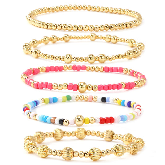 Dainty 14K Gold Plated Beaded Bracelet Stack for Women,Bohemian Stretch Colorful Beads Non Tarnish Stackable Bracelets Set Fashion Party Prom Accessories Jewelry Gift Friendship