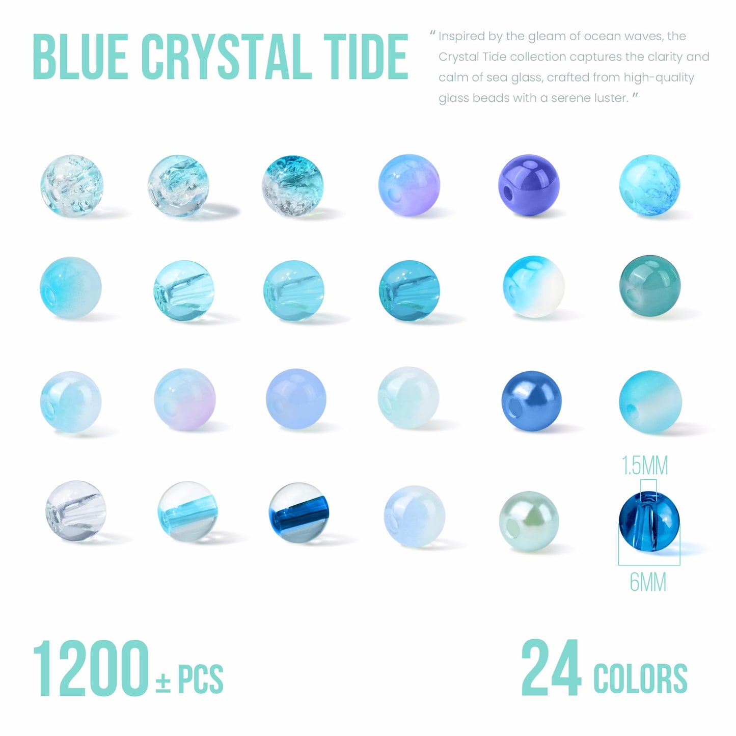 1200PCS 6mm Blue Glass Beads for Bracelets, 24 Colors Crystal Beads Bracelets Making Kit and Jewelry Making, Round Blue Ocean Sea Beads for Friendship Bracelets Earring Necklace DIY Crafts