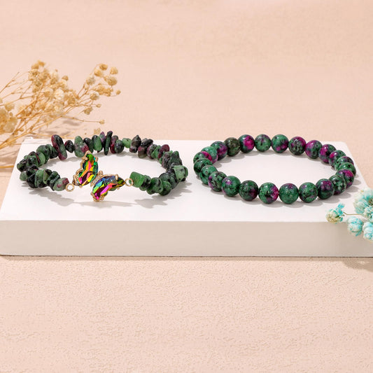 GolbalJew Epidote Stone Bracelet for Women Healing Crystal Stone Bracelets Green Gemstone Beads Stretch Bracelet Butterfly Charms Jewelry Women Gift