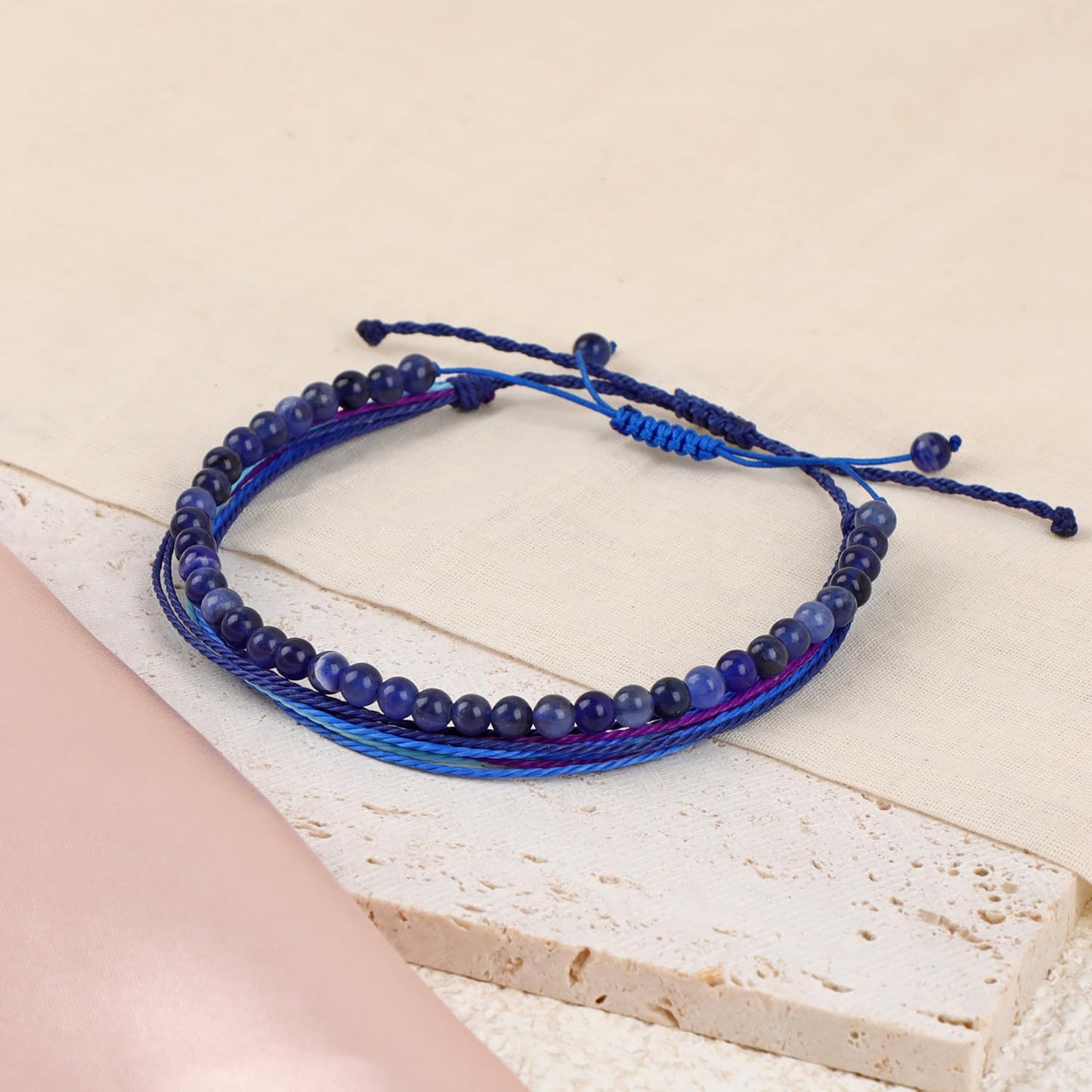 LPBeads 4mm Blue Sodalite Bracelet with Handmade Rope Bracelet Size Adjustable Natural Stone Crystal Healing Bracelets Gifts for Unisex Adults