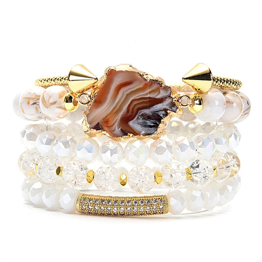 BOPOW 5PCS Beaded Bracelets/Bangle for Women, Multilayered Stackable Elastic Natural Howlite Agate Crystal Stones Bracelets Set Handmade Boho Jewelry Gift for Women
