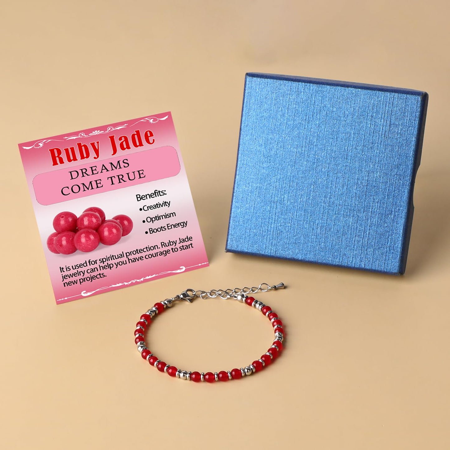 LPBeads 4mm Ruby Jade Tiny Beaded Bracelets For Women, Energy Gem Charm Jewelry Adjustable Bracelet Gifts for Mom, Daughter, Wife, Coworkers, Friends, Bestie