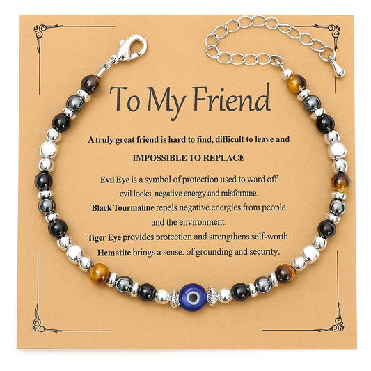 MTJAHPS Protection Bracelet, empath protection, black obsidian Crystals and Healing Stones Bracelet for Women ，Luck ，Anxiety and Stress Clam Bracelet (Friend-Evil Eye Triple Threat Protection)