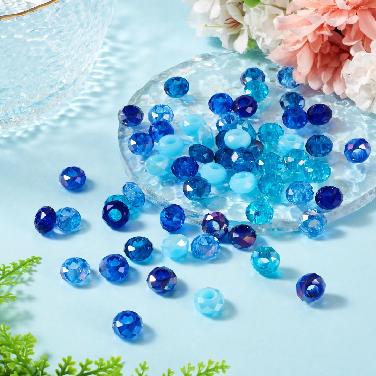 Craftdady 60Pcs Blue Color Theme European Beads Large Hole Faceted Glass Bead Blue Rondelle Bead Crystal Loose Spacer Beads for Jewelry Making DIY Pens Snake Chain Charm,12 Colors