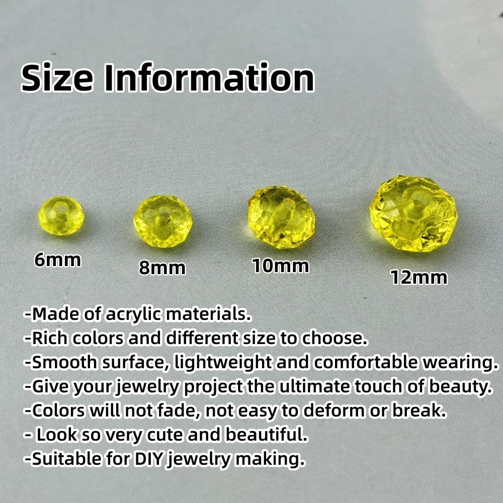 YHYPOCI 200pcs 10mm Acrylic Crystal Beads, Faceted Rondelle Acrylic Spacer Beads for Wind Chimes Bracelet Necklace Earring Keychain Jewelry Making DIY Crafts(Lemon Yellow)