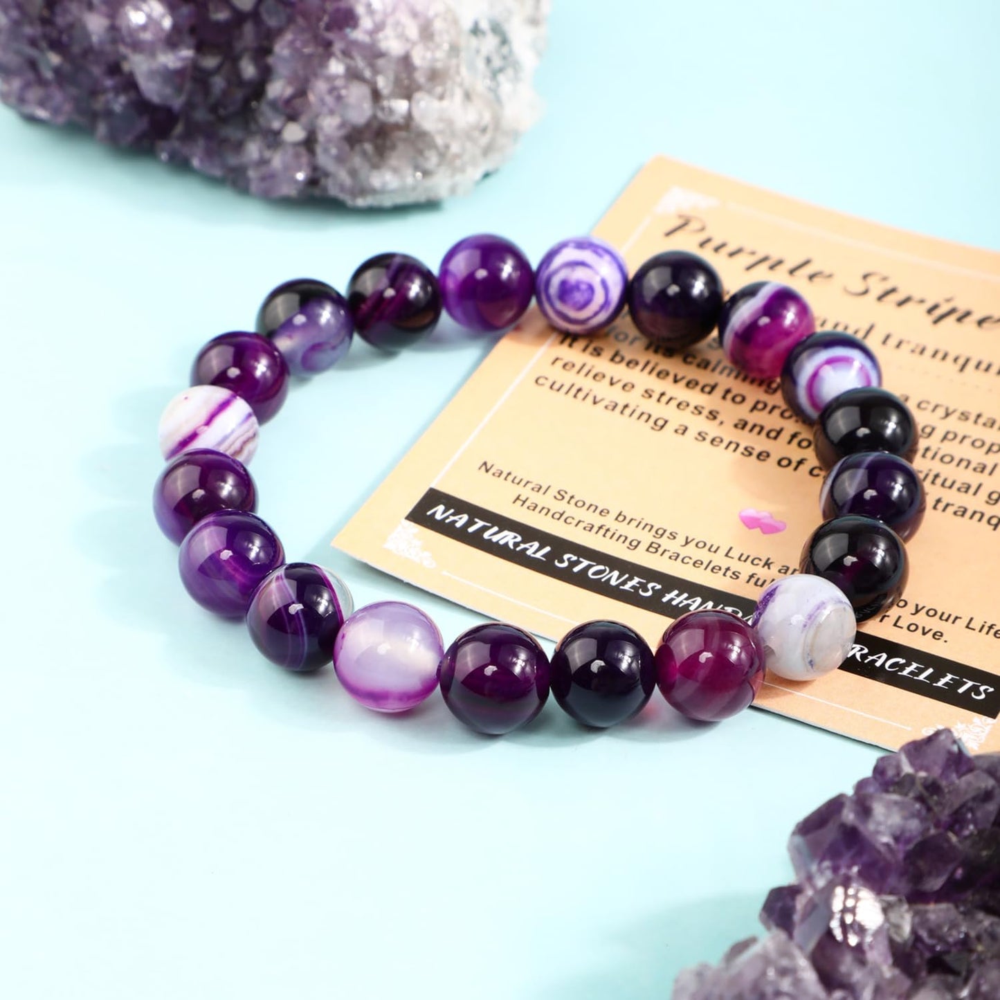 AD Beads 10mm Handmade Purple Stripe Agate Elastic Bracelet – Natural Gemstone for Peace and Tranquility – Meditation, Yoga, Healing and Energy Gift for Men Women