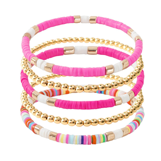 GOOJIDS Surfer Heishi Clay Bead Bracelets for Women Bohemian Stackable Gold Plated Beaded Stretch Bracelets Elastic Layering Friendship Bracelets Set Boho Jewelry