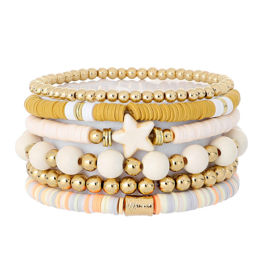 GOOJIDS Surfer Heishi Clay Bead Bracelets for Women Bohemian Stackable Gold Plated Beaded Stretch Bracelets Elastic Layering Friendship Bracelets Set Boho Jewelry